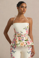 Maud | White Floral Border Print Square-Neck Tailored Top