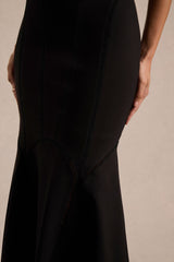 Sally | Black Crew-Neck Midi Dress With Drop Waist And Pleated Detailing