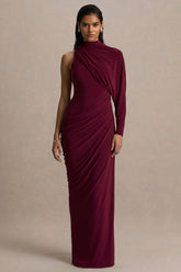 Aphra | Burgundy High-Neck Maxi Dress With Cape-Sleeve