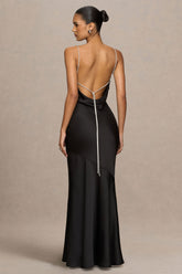Maelia | Black Satin Cowl-Neck Maxi Dress With Diamante Straps
