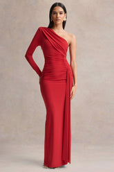 Anne | Red Asymmetric-Neck Wrapped Maxi Dress With Sash
