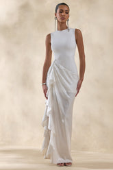 Ada | White Crew-Neck Maxi Dress With Sheer Skirt And Ruffled Detailing