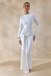 Evangela | White Lace Crew-Neck Maxi Dress With Wrap-Detail