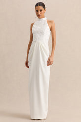 Charlotte | White Halter-Neck Maxi Dress With Gathered-Detailing