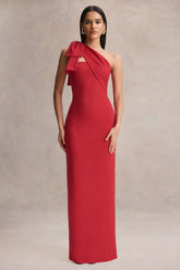 Adara | Red Asymmetric-Neck Maxi Dress With Bow-Detail