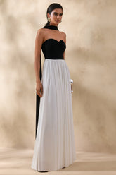 Beamora | Black & White Bandeau Maxi Dress With Cape