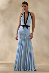 Cosmina | Powder Blue Plunge-Neck Maxi Dress With Bow-Detail