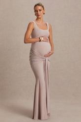Baylin | Nude Square-Neck Maternity Maxi Dress With Ruched Detailing And Sash