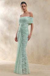 Elinor | Sage Lace Bardot-Neck Maxi Dress With Gathered-Detailing
