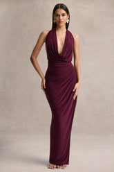 Cairo | Burgundy Cowl-Neck Maxi Dress With Gathered Detailing