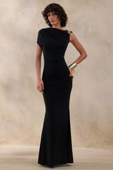 Blaire | Black Asymmetric-Neck Maxi Dress With Gold-Detailing