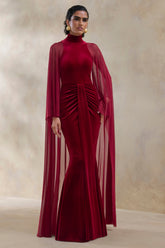 Adoring | Burgundy Velvet High-Neck Maxi Dress With Cape