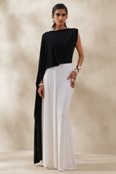 Carenza | Black & White Wide-Neck Maxi Dress With Cape-Sleeve