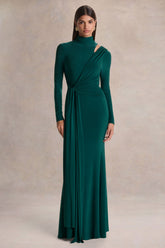 Alastrina | Dark Green High-Neck Maxi Dress With Gathered-Detailing