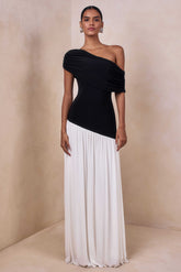 Doroyta | Black And White Asymmetric-Neck Maxi Dress