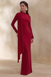 Amaria | Red High-Neck Maxi Dress With Sash-Detail