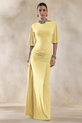 Emerelle | Lemon Wide-Neck Maxi Dress With Sash And Draped-Detailing