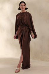 Delphina | Brown Satin Maxi Dress With Gathered And Knot-Detail