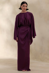 Delphina | Plum Satin Maxi Dress With Gathered And Knot-Detail