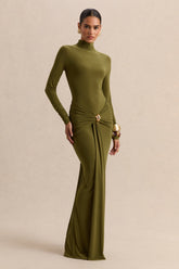 Ambrette | Olive High-Neck Maxi Dress With Gathered-Detailing