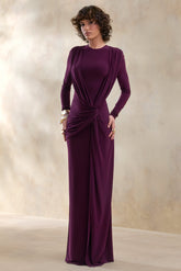 Desirelle | Plum Crew-Neck Maxi Dress With Gathered-Detailing