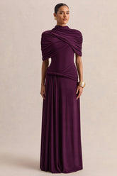 Evelisse | Plum High-Neck Maxi Dress With Short-Cape Sleeves