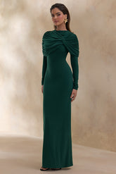 Evessa | Dark Green High-Neck Maxi Dress With Gathered-Detailing