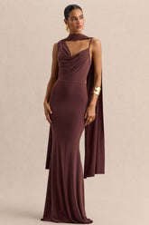 Armelia | Brown Cowl-Neck Maxi Dress With Scarf-Detail