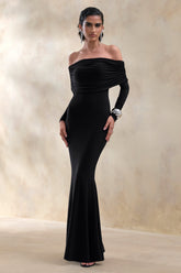 Brisea | Black Bardot-Neck Maxi Dress