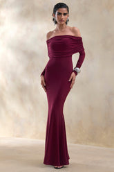Brisea | Burgundy Bardot-Neck Maxi Dress