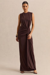 Blythia | Brown Round-Neck Maxi Dress With Gathered-Detailing