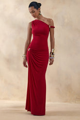 Caelia | Red Asymmetric-Neck Maxi Dress With Gold-Detailing And Sash