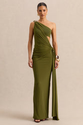 Clarosia | Green Asymmetric-Neck Maxi Dress With Cut-Out With Sash