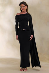 Bessy | Black Asymmetric-Neck Maxi Dress With Gathered-Detailing And Sash