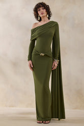 Bessy | Green Asymmetric-Neck Maxi Dress With Gathered-Detailing And Sash