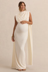 Belva | Cream Round-Neck Maternity Maxi Dress With Cape Detail
