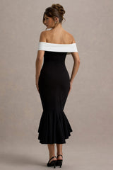 Corola | Black & White Bardot Volume-Hem Midi Dress